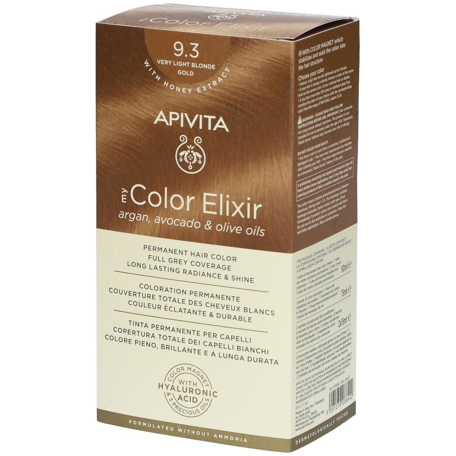 APIVITA Color Elixir Haarfarbe. 9.3 Sehr helles Goldblond. Mit Honigextrakt. Permanente Coloration. Deckt graue Haare vollständig ab.