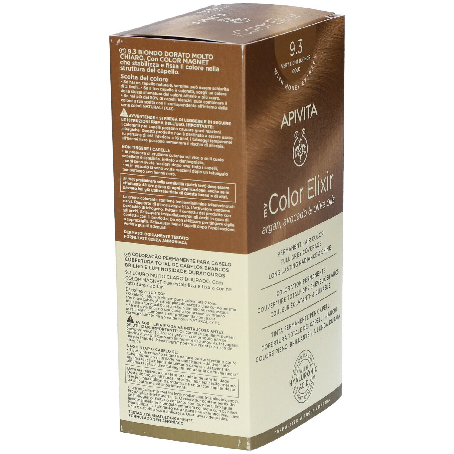 APIVITA Color Elixir Haarfarben-Verpackung. 9.3 Sehr helles Goldblond. Rückseite mit Produktinformationen in verschiedenen Sprachen.