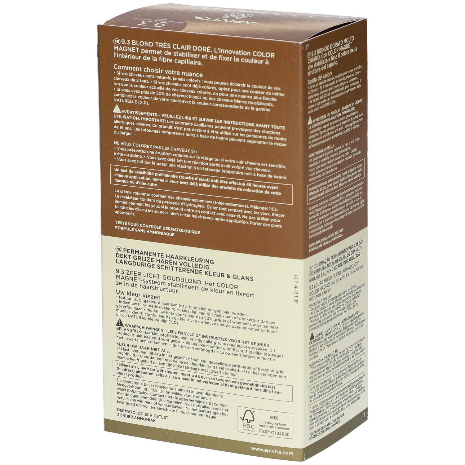 APIVITA Color Elixir Haarfarben-Verpackung. 9.3 Sehr helles Goldblond. Seite mit Produktinformationen in verschiedenen Sprachen.
