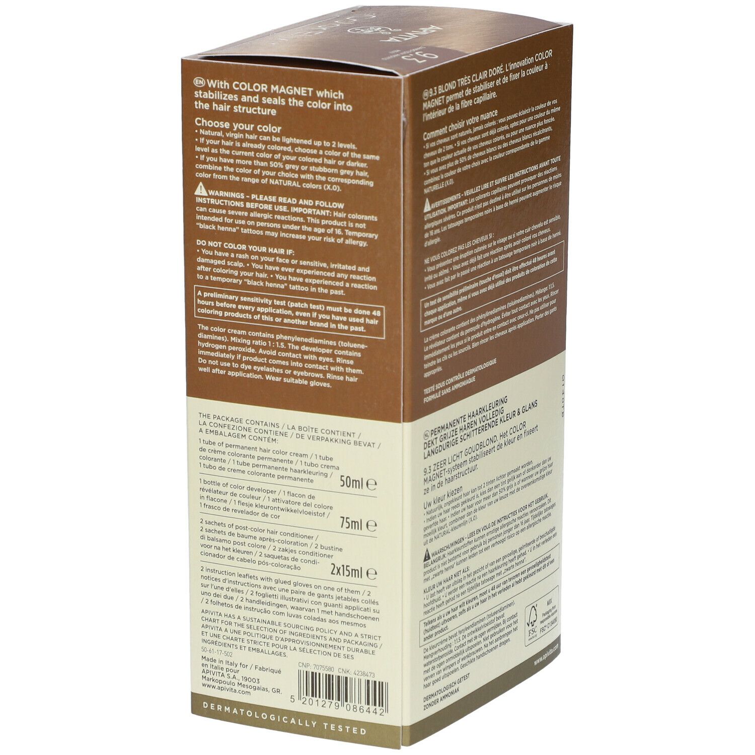 APIVITA Color Elixir Haarfarben-Verpackung. 9.3 Sehr helles Goldblond. Seite mit Inhaltsstoffen und Packungsinhalt.