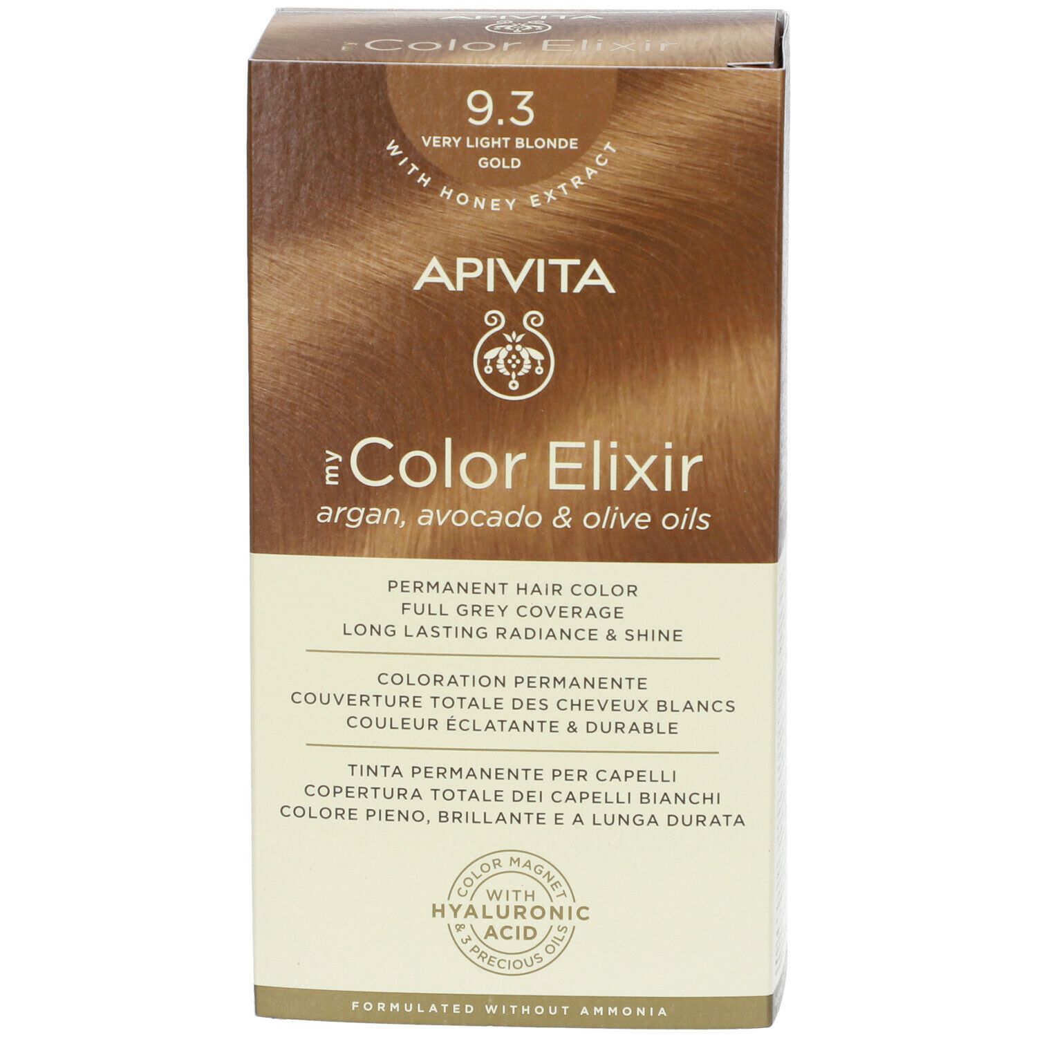 APIVITA Color Elixir Haarfarbe. 9.3 Sehr helles Goldblond. Vorderansicht der Verpackung. Mit Hyaluronsäure.