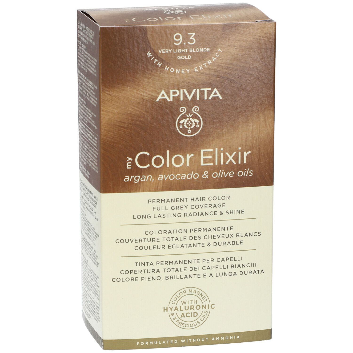 APIVITA Color Elixir Haarfarbe. 9.3 Sehr helles Goldblond. Schrägansicht der Verpackung. Mit Hyaluronsäure.