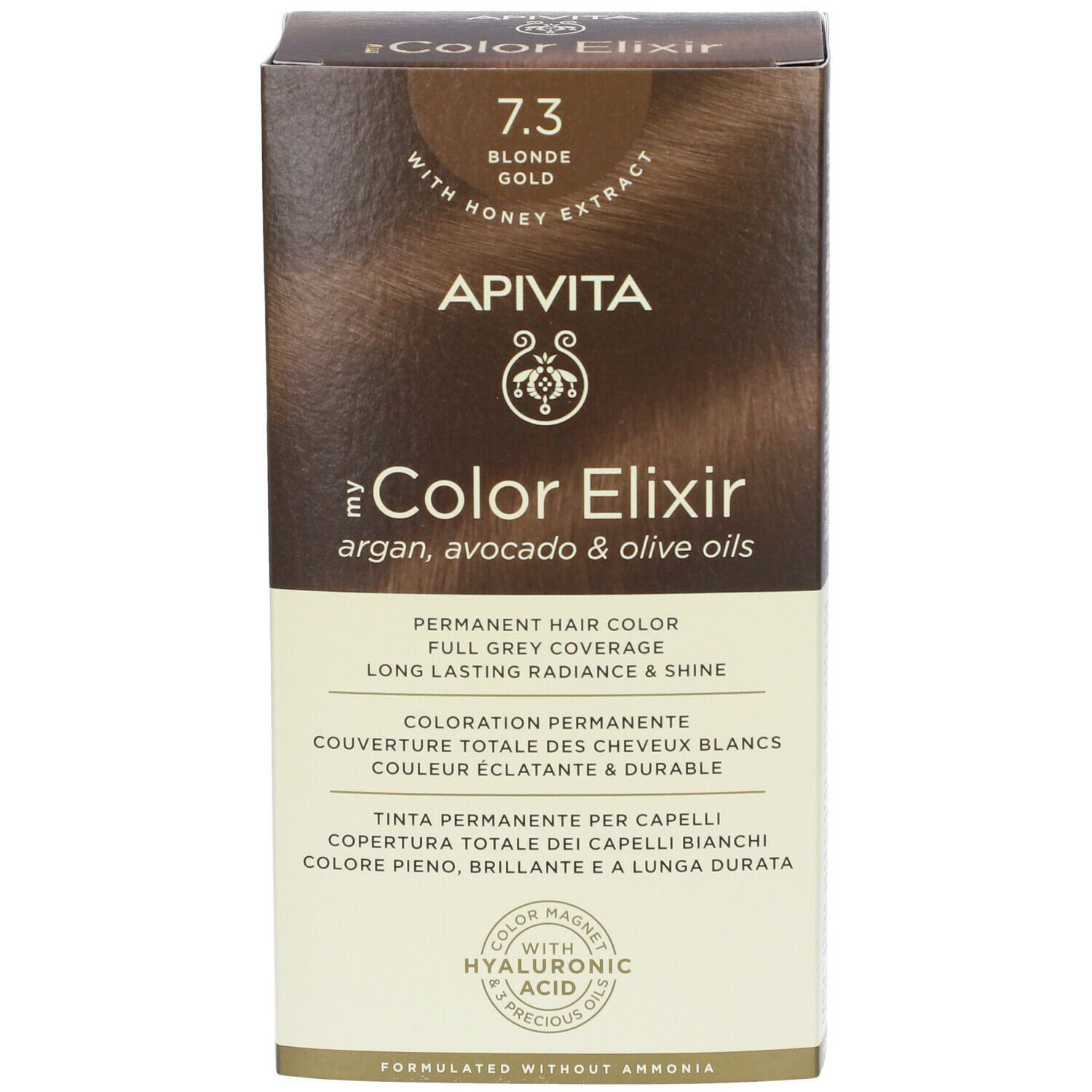 Haarkleurdoos. Opschrift: 7.3 Blond Doré, APIVITA my Color Elixir. Permanente haarkleur, volledige grijsdekking.