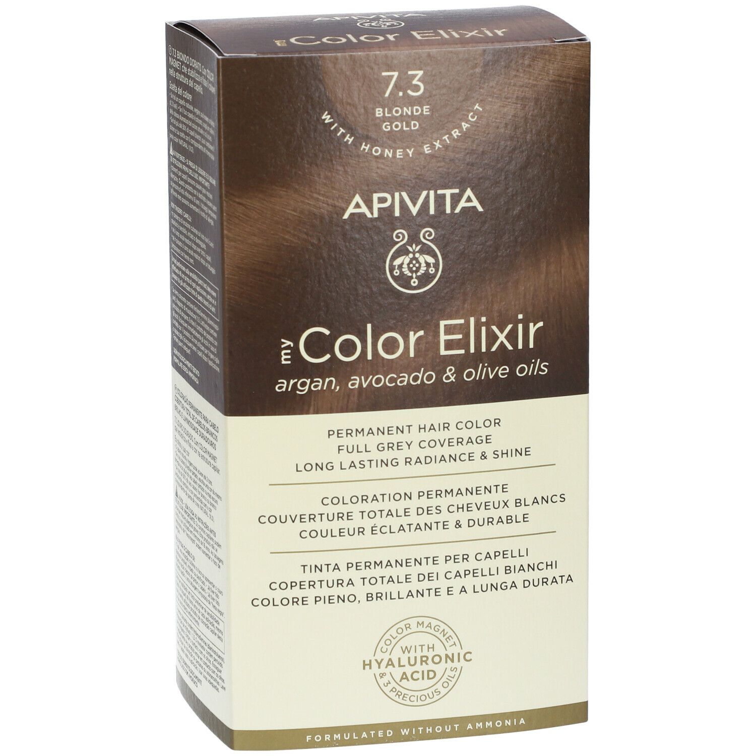 Haarkleurdoos. Opschrift: 7.3 Blond Doré, APIVITA my Color Elixir. Permanente haarkleur, volledige grijsdekking.