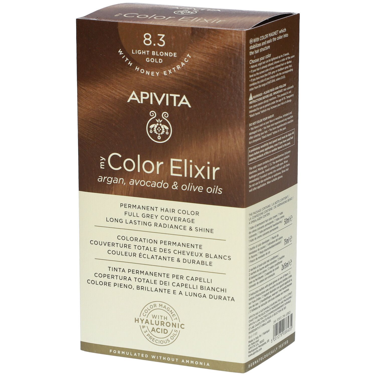 Haarkleurdoos APIVITA e Color Elixir 8.3 Blond Clair Doré. Permanente haarkleuring. Volledige dekking van grijs haar.