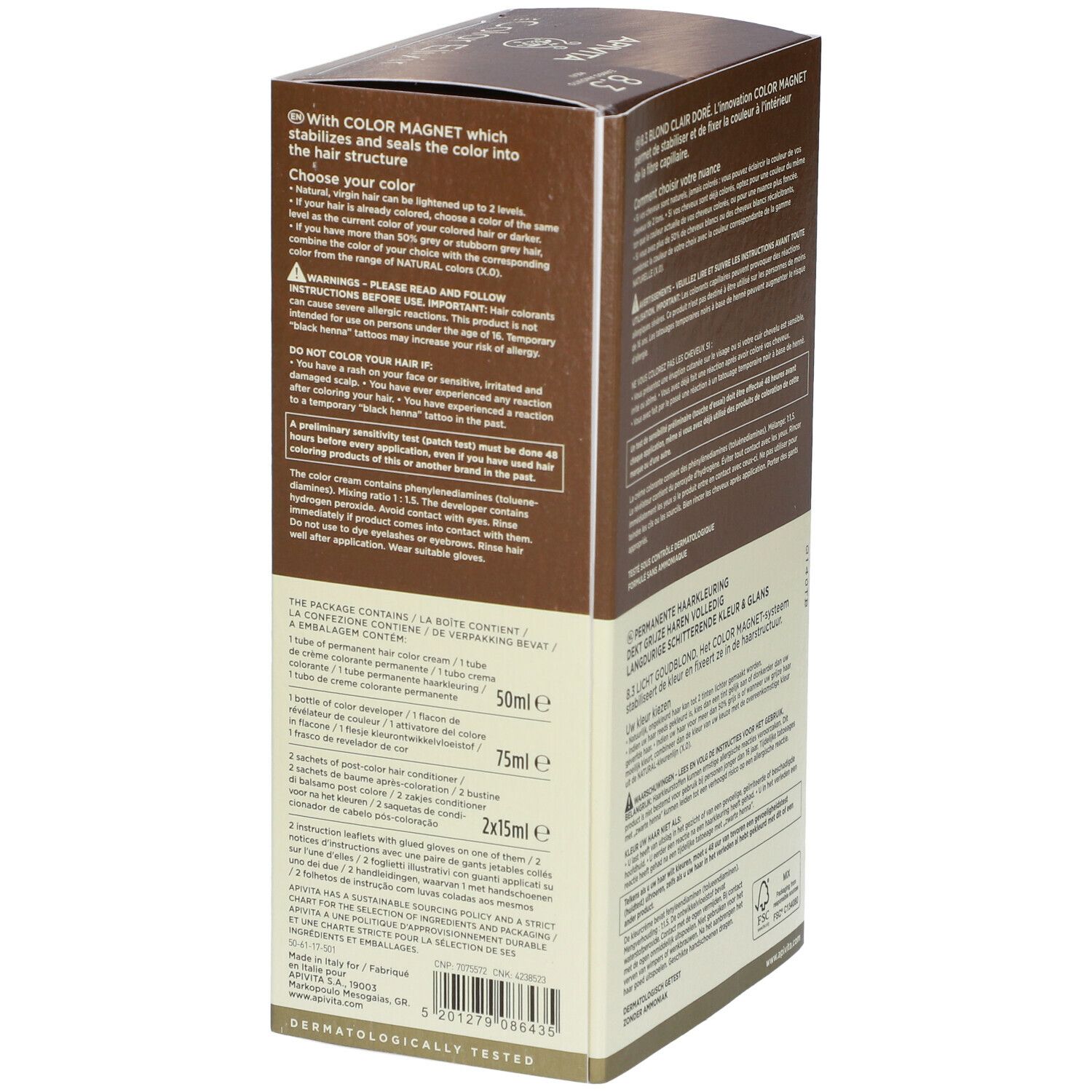 Zijkant van de haarkleurdoos. Tekst: APIVITA e Color Elixir 8.3 Blond Clair Doré. Ingrediënten en instructies.