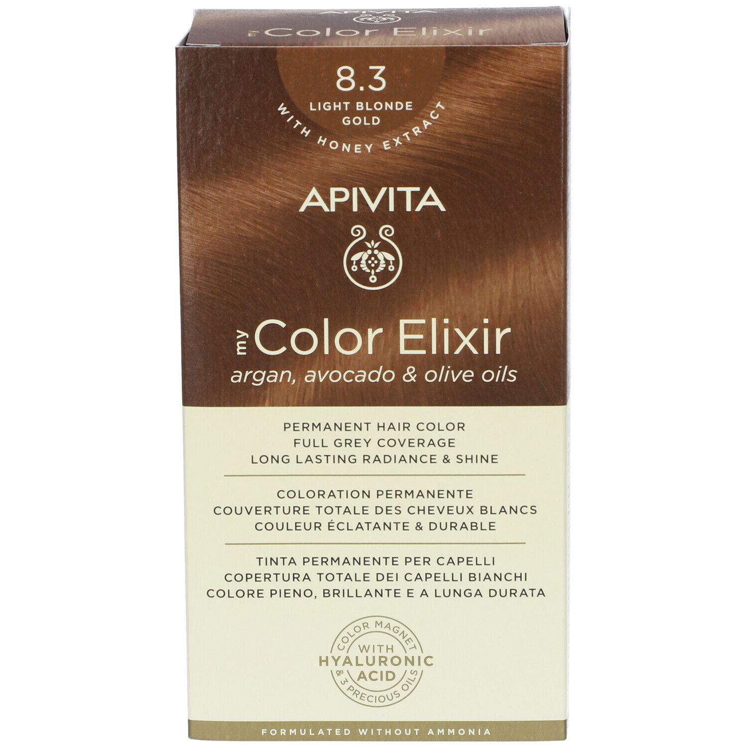 Haarkleurdoos APIVITA e Color Elixir 8.3 Blond Clair Doré. Permanente haarkleuring. Volledige dekking van grijs haar.