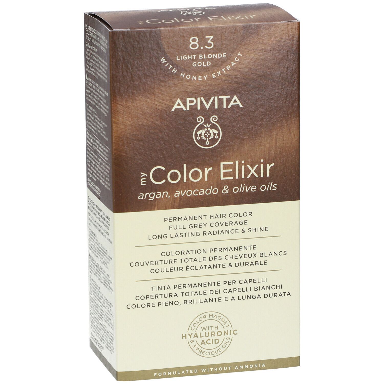 Haarkleurdoos APIVITA e Color Elixir 8.3 Blond Clair Doré. Permanente haarkleuring. Volledige dekking van grijs haar.