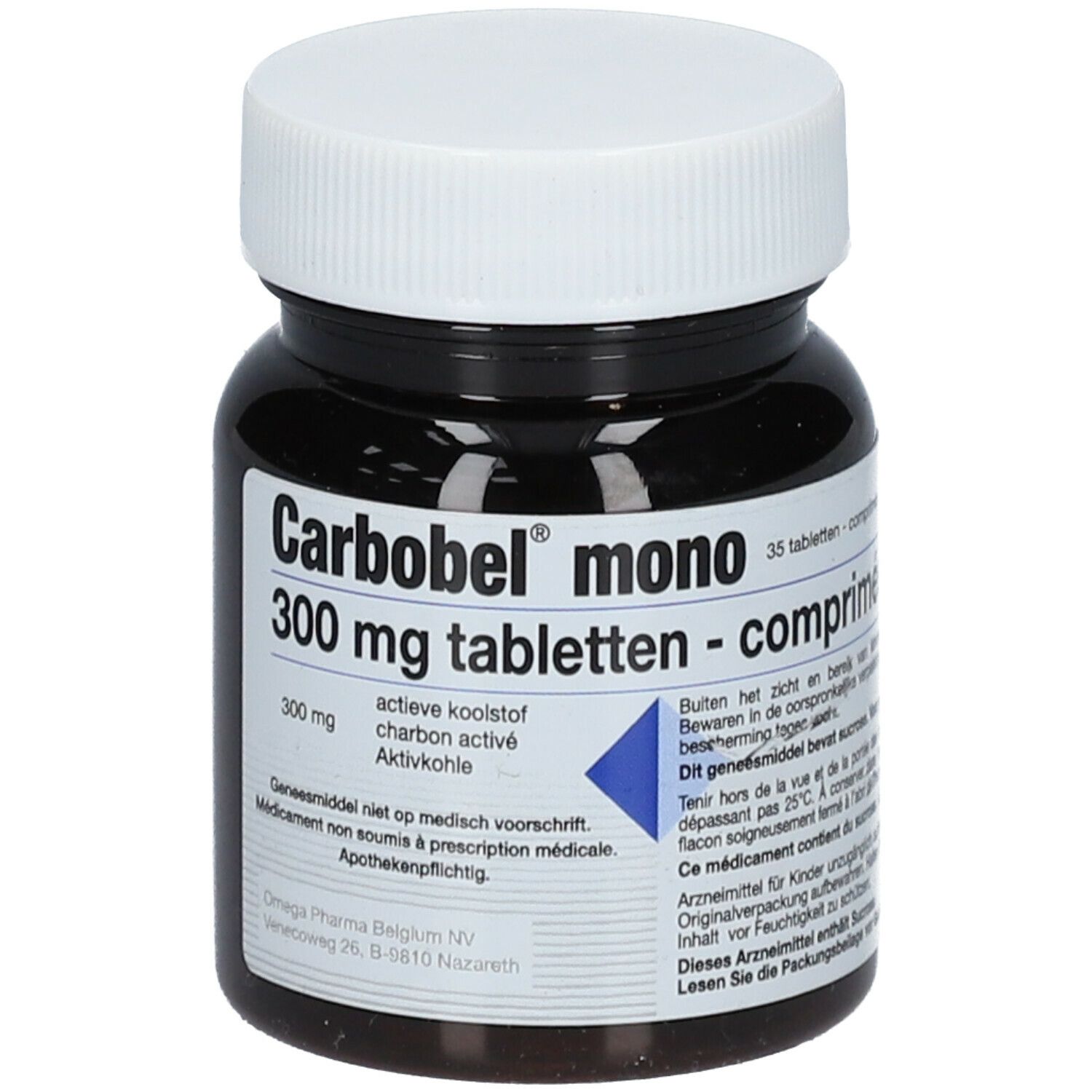 Flacon de comprimés brun avec bouchon blanc. Inscription: Carbobel mono 300 mg tabletten - comprimés.