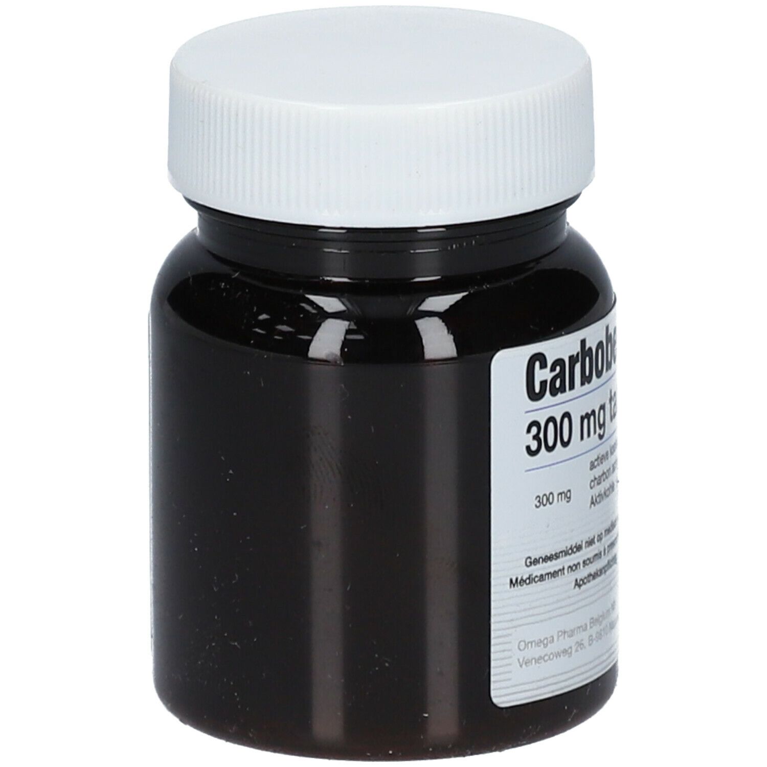 Flacon de comprimés brun avec bouchon blanc. Inscription: Carbobel mono 300 mg tabletten.