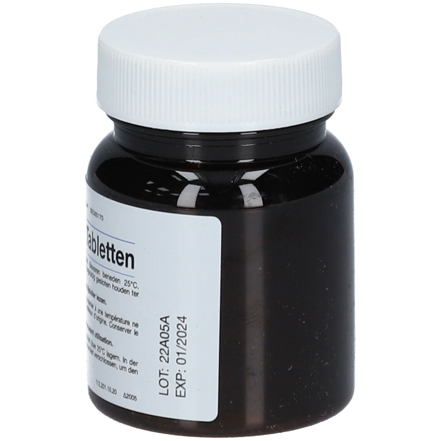 Flacon de comprimés brun avec bouchon blanc. Inscription: Tabletten. Date d'expiration: 01/2024.