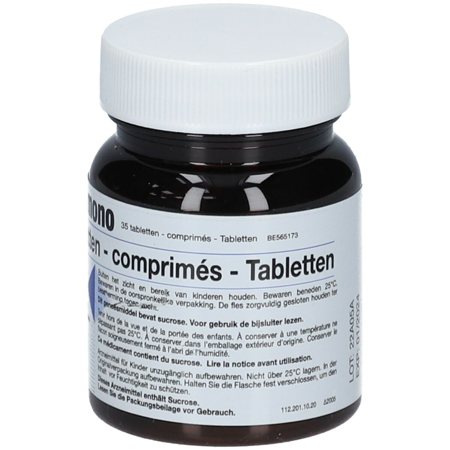 Flacon de comprimés brun avec bouchon blanc. Inscription: Carbobel mono - comprimés - Tabletten.