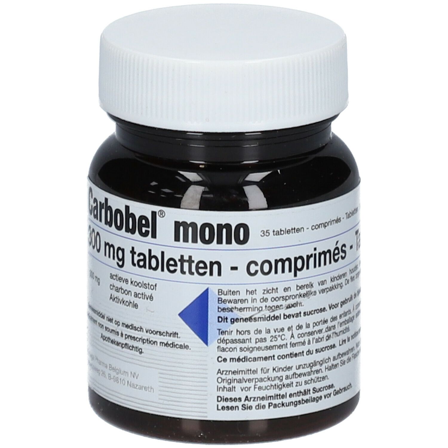 Flacon de comprimés brun avec bouchon blanc. Inscription: Carbobel mono 300 mg tabletten - comprimés.