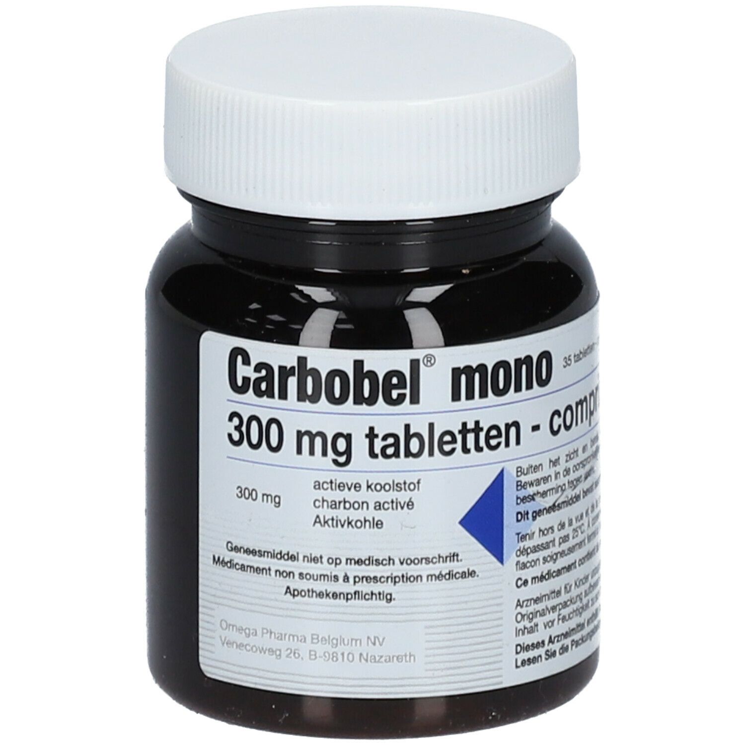 Flacon de comprimés brun avec bouchon blanc. Inscription: Carbobel mono 300 mg tabletten - comprimés.