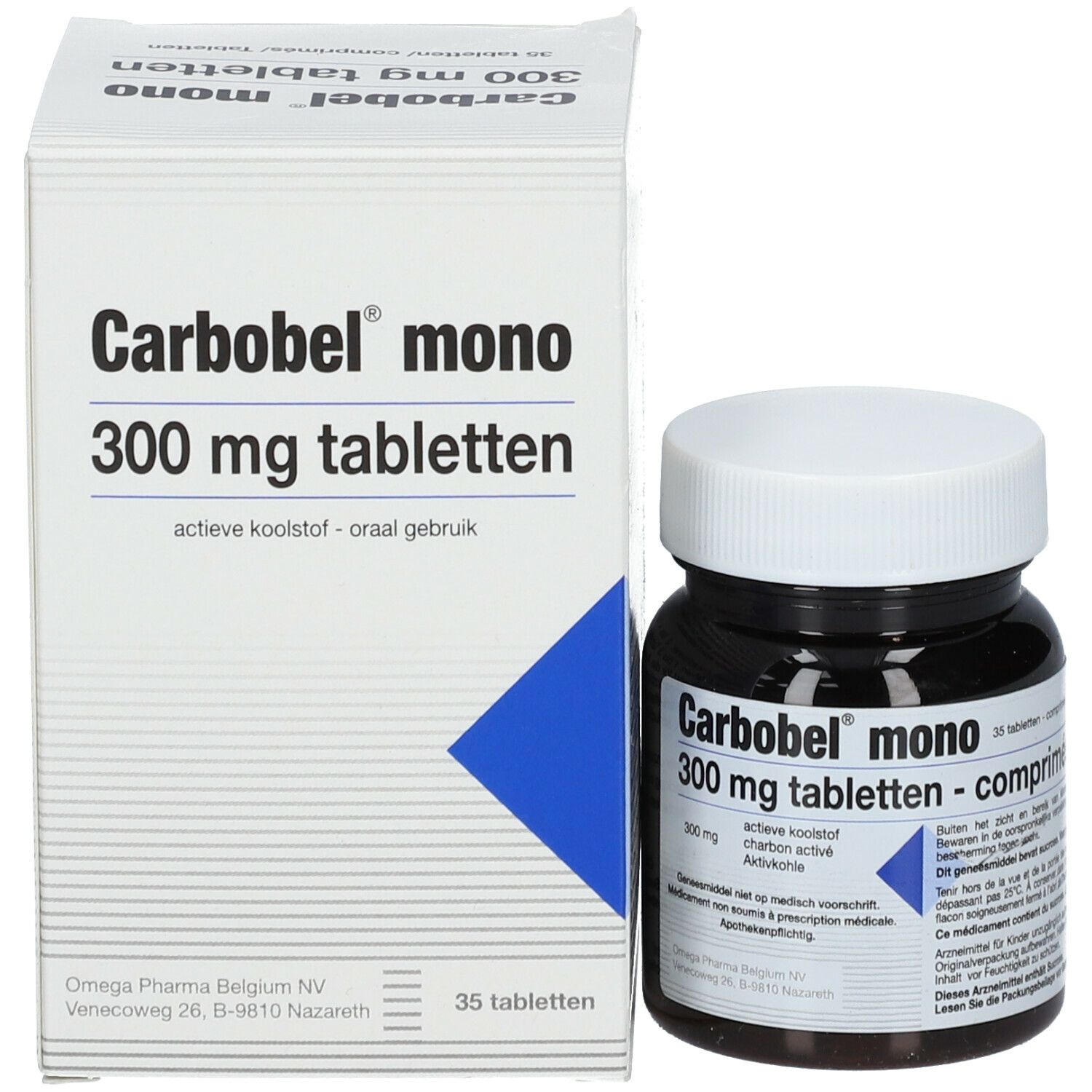 Flacon et boîte de comprimés. Inscription: Carbobel mono 300 mg tabletten. 35 comprimés.