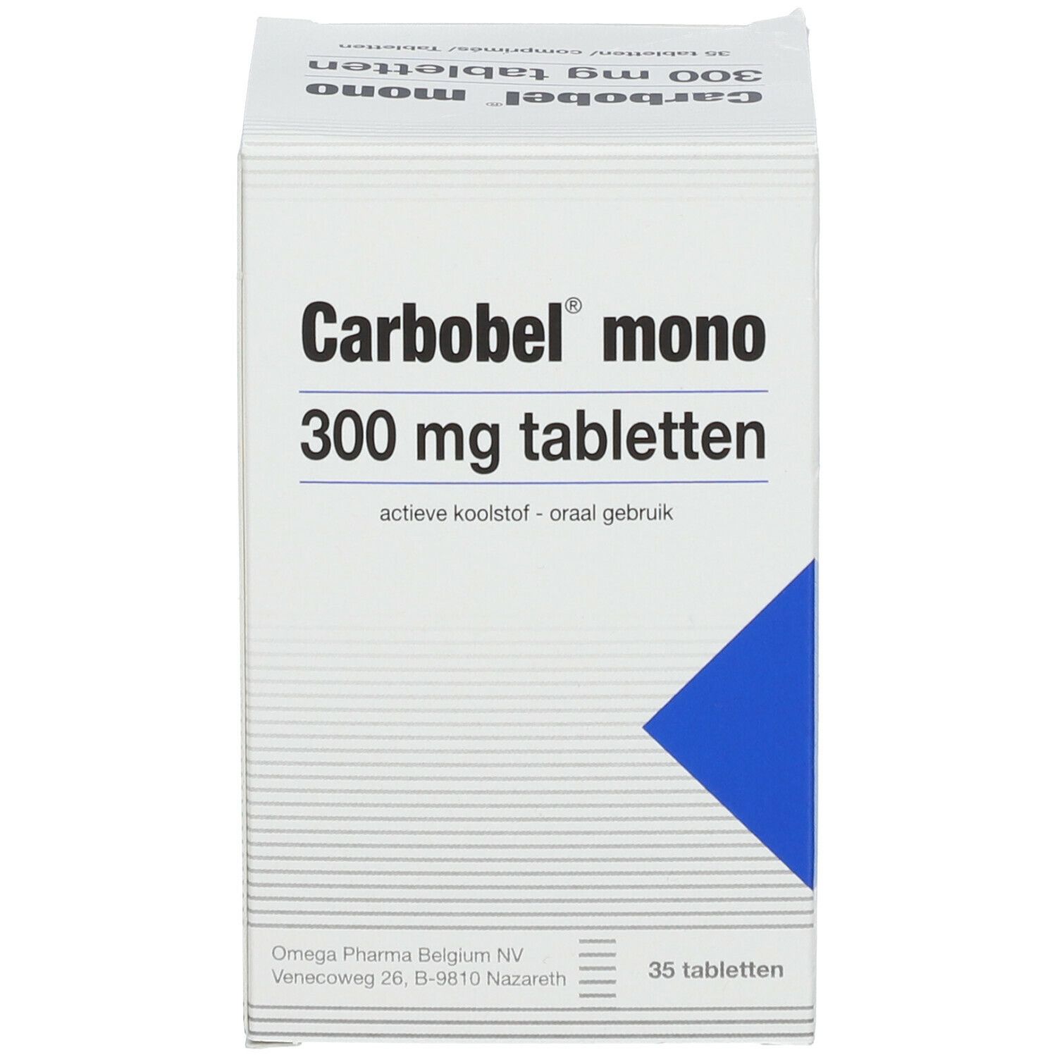 Boîte blanche avec inscription: Carbobel mono 300 mg tabletten. 35 comprimés.