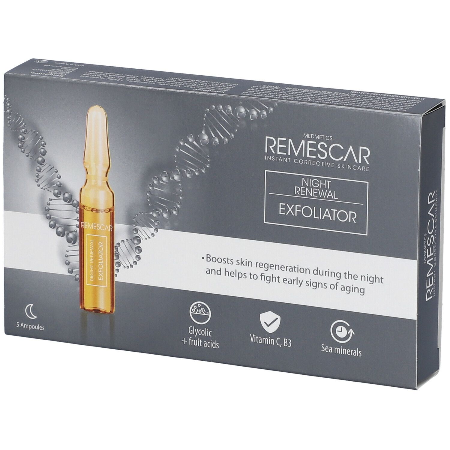 Doosje REMESCAR Night Renewal Exfoliator met 5 ampullen. Bevat glycolzuur, vitamine C, B3 en zeemineralen. Verpakking met ampul.