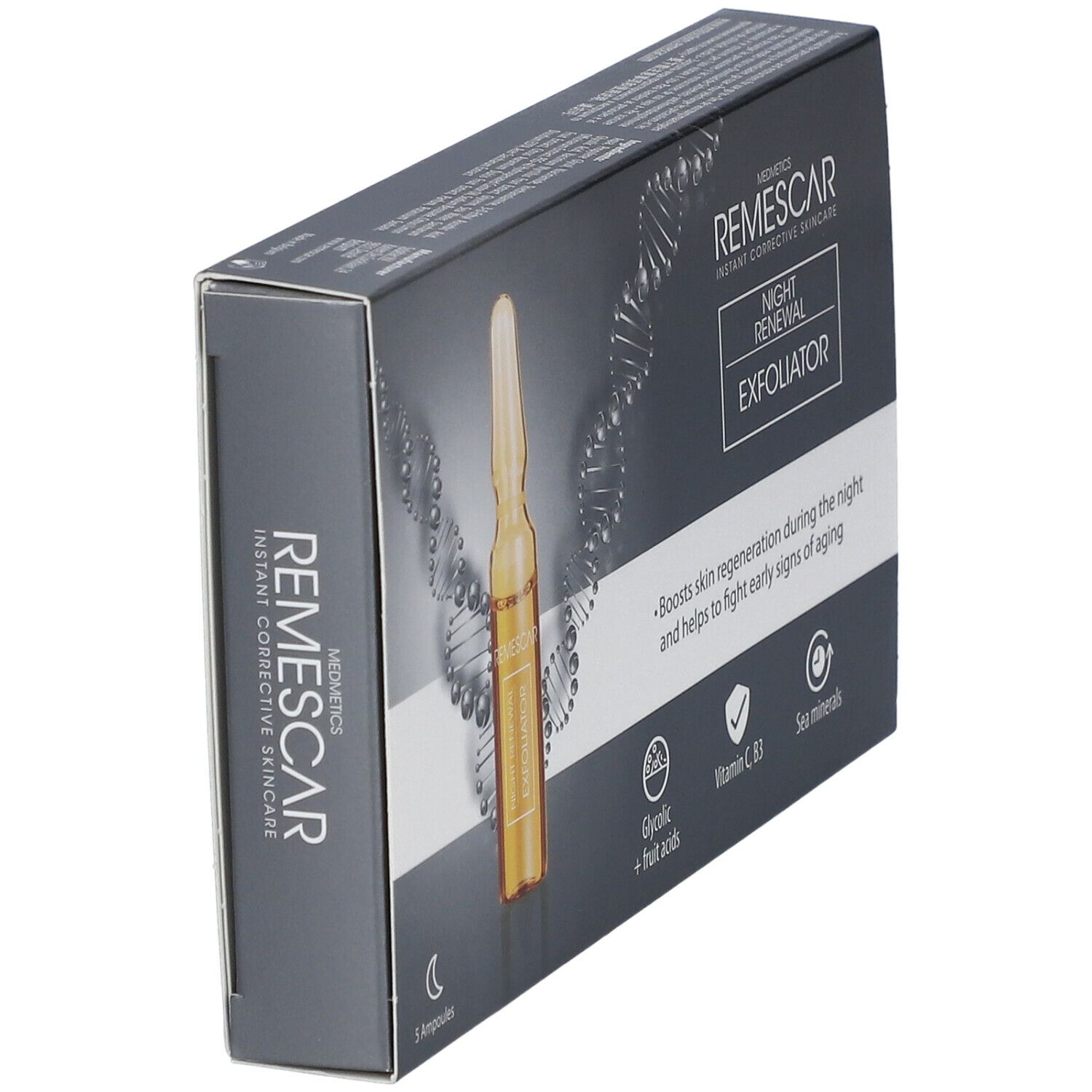 Doosje REMESCAR Night Renewal Exfoliator met ampul. Bevat glycolzuur, vitamine C, B3 en zeemineralen. Verpakking met ampul.