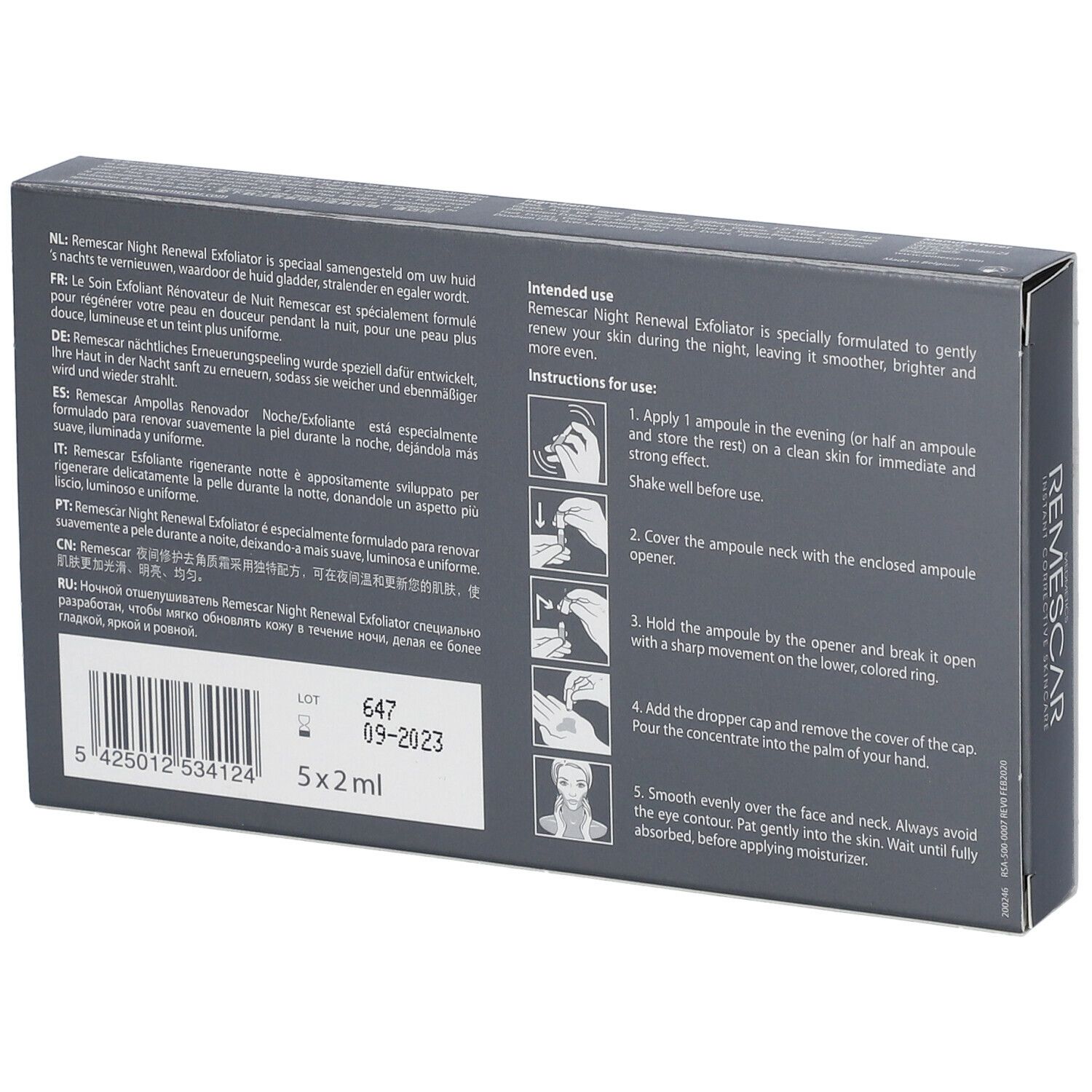 Achterkant doosje REMESCAR Night Renewal Exfoliator. Meertalige tekst. Gebruiksaanwijzing. Bevat 5x2ml.
