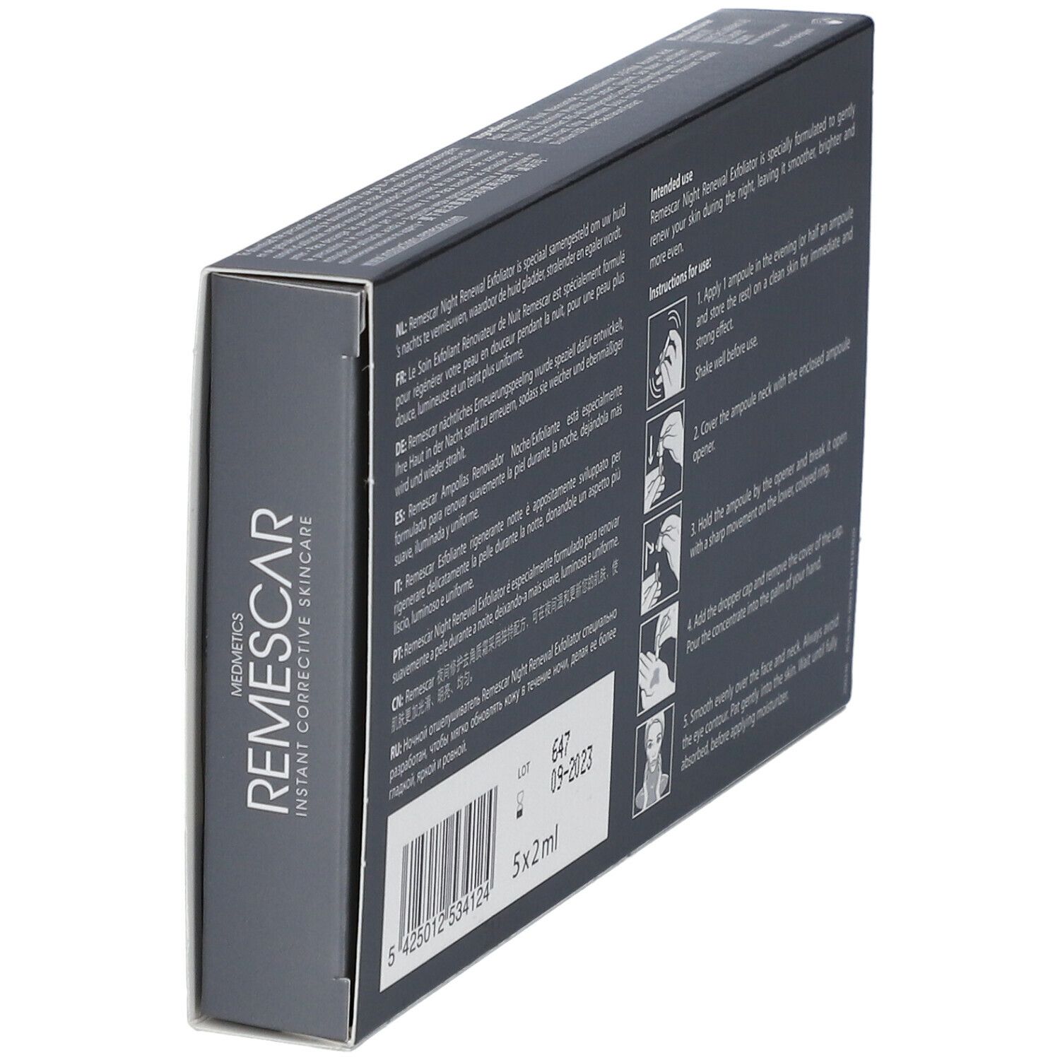 Zijkant doosje REMESCAR Night Renewal Exfoliator. Opschrift: REMESCAR. Bevat 5x2ml. Met gebruiksaanwijzing.