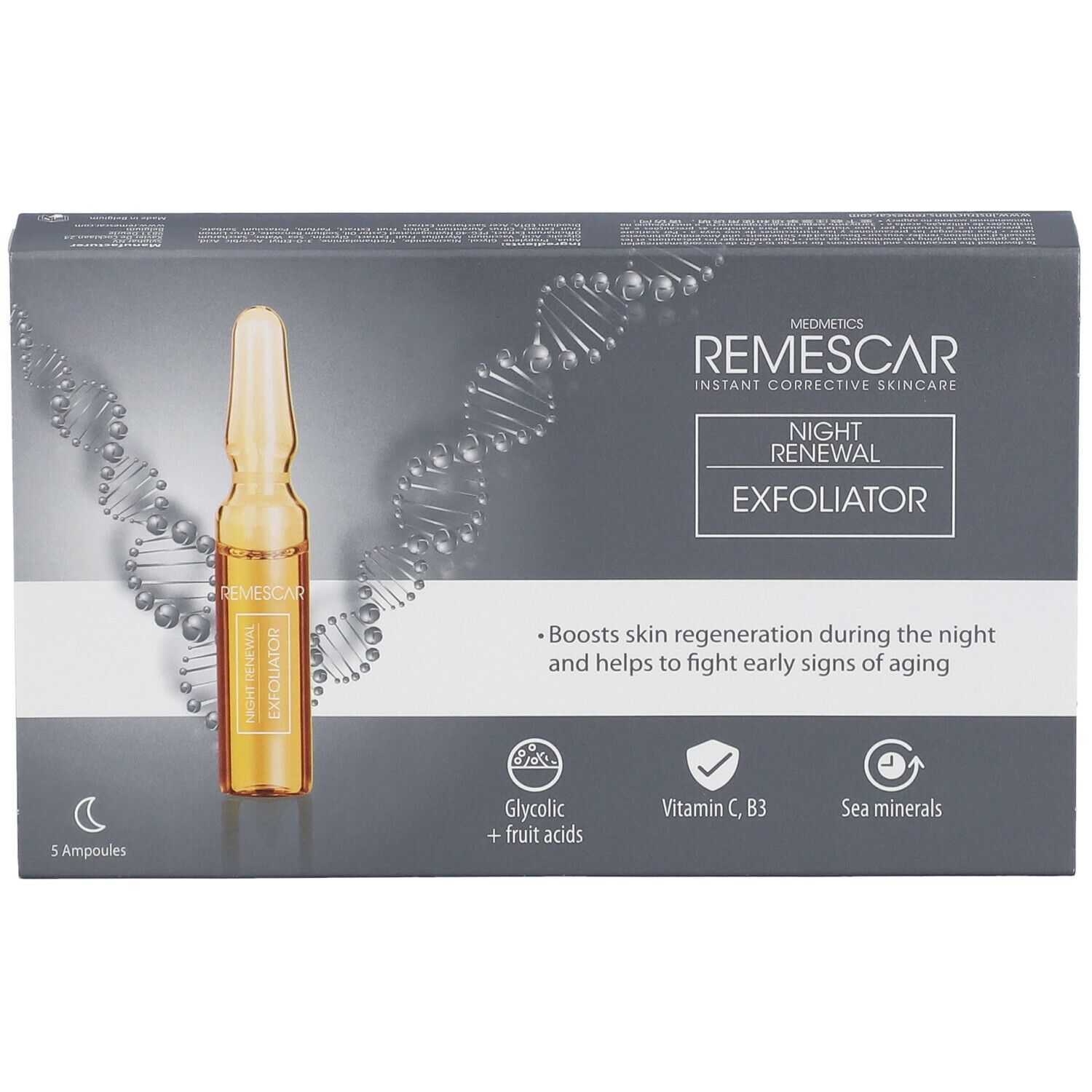 Doosje REMESCAR Night Renewal Exfoliator met 5 ampullen. Bevat glycolzuur, vitamine C, B3 en zeemineralen. Verpakking met ampul.