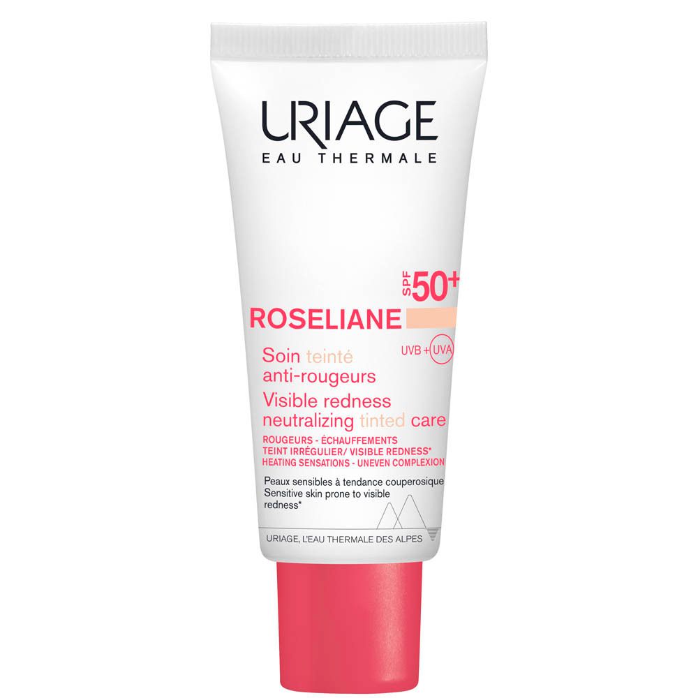 Tube Uriage Roséliane CC Cream SPF50+. Tube blanche, bouchon rouge. Texte et logo.