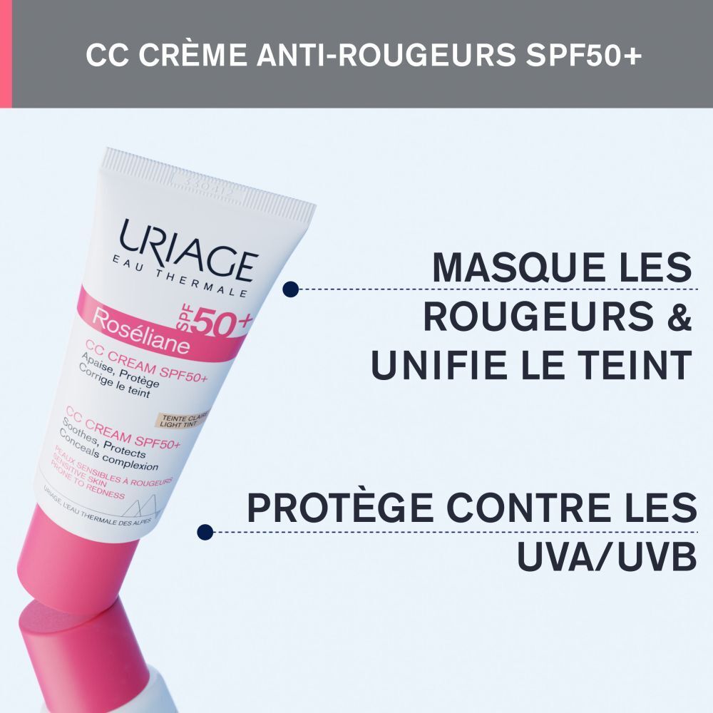 Emballage Uriage Roséliane CC Cream SPF50+. Emballage blanc, texte et logo.