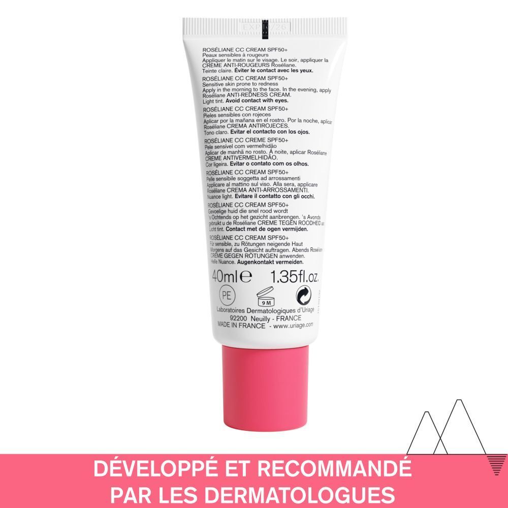 Dos de l'emballage Uriage Roséliane CC Cream SPF50+. Texte multilingue.