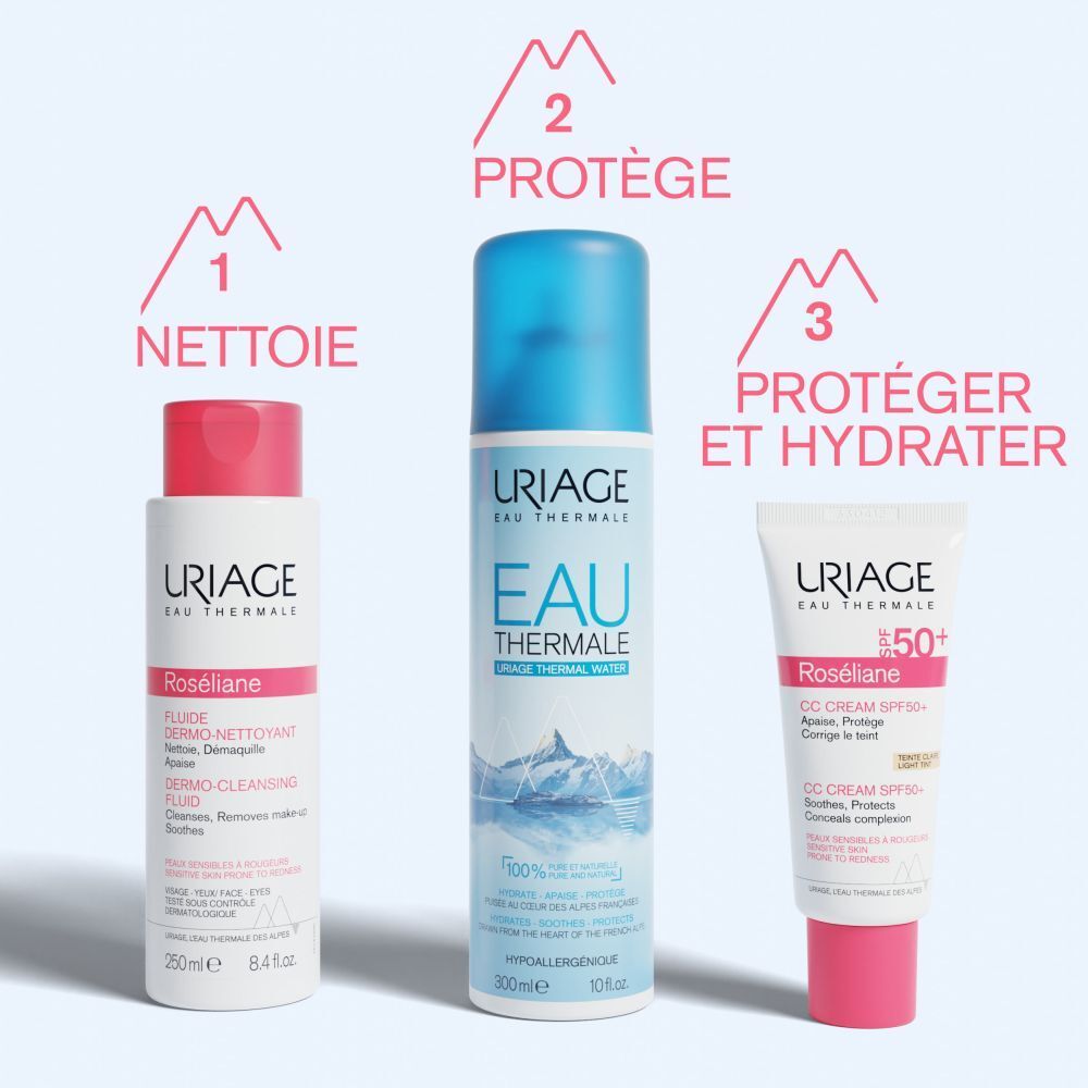Dos de l'emballage Uriage Roséliane CC Cream SPF50+. Texte multilingue.