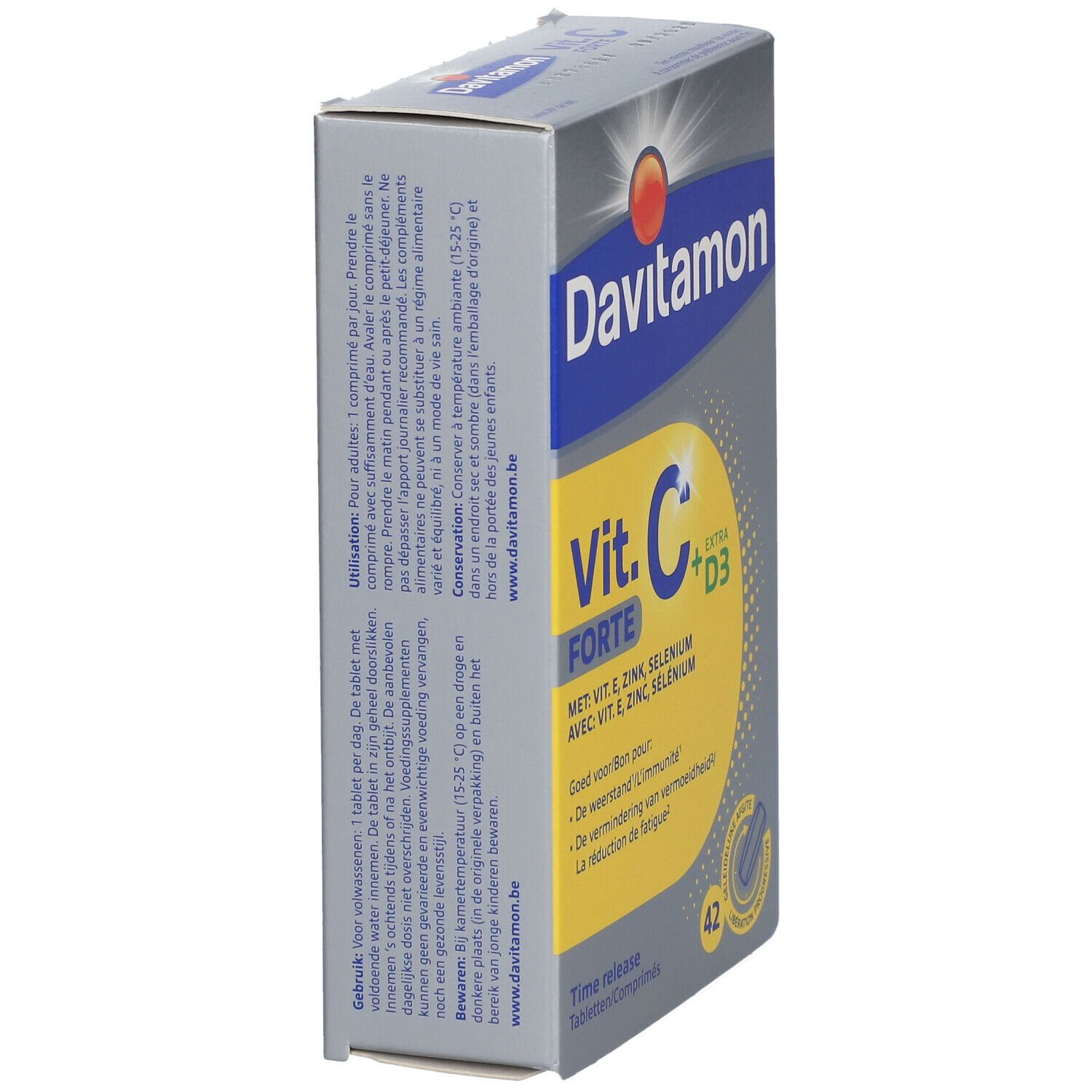 Zijaanzicht van de Davitamon Vit. C Forte + D3 verpakking. Bevat 42 tabletten. Tekst in het Duits en Frans. Time release.