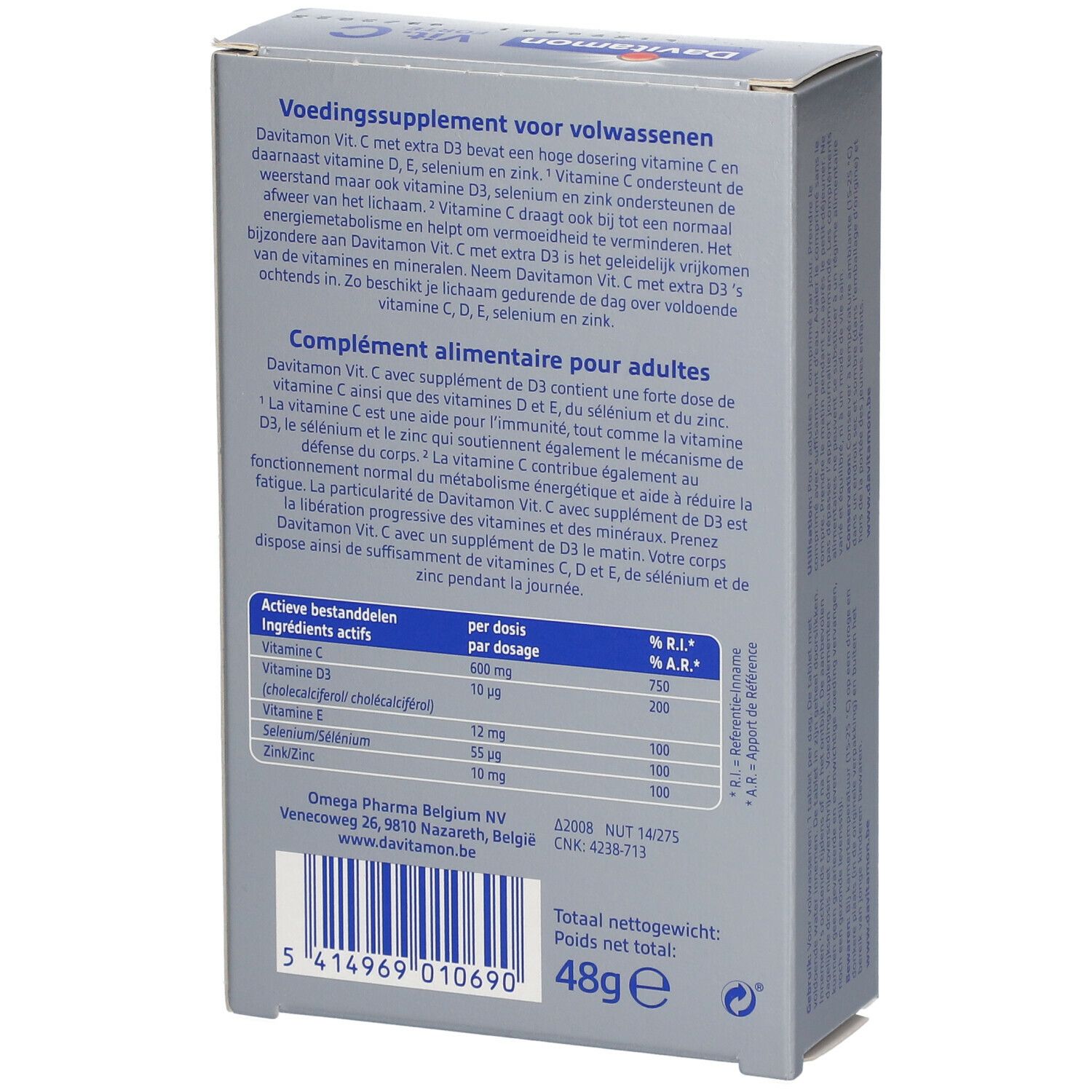 Achterkant van de Davitamon Vit. C Forte + D3 verpakking. Bevat informatie over ingrediënten en voedingswaarde. Netto gewicht 48g.
