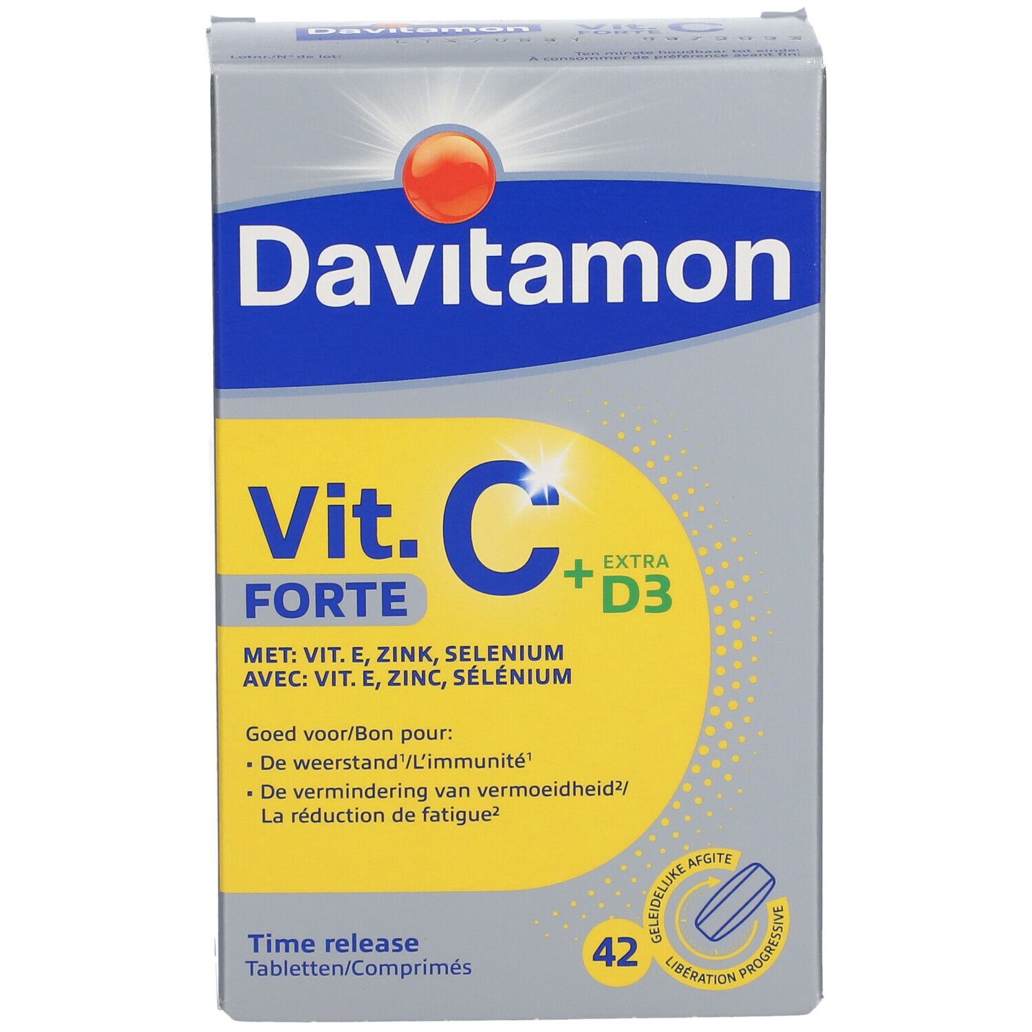Davitamon Vit. C Forte + D3 verpakking. Bevat 42 tabletten. Gele en blauwe tekst op grijze achtergrond. Time release.