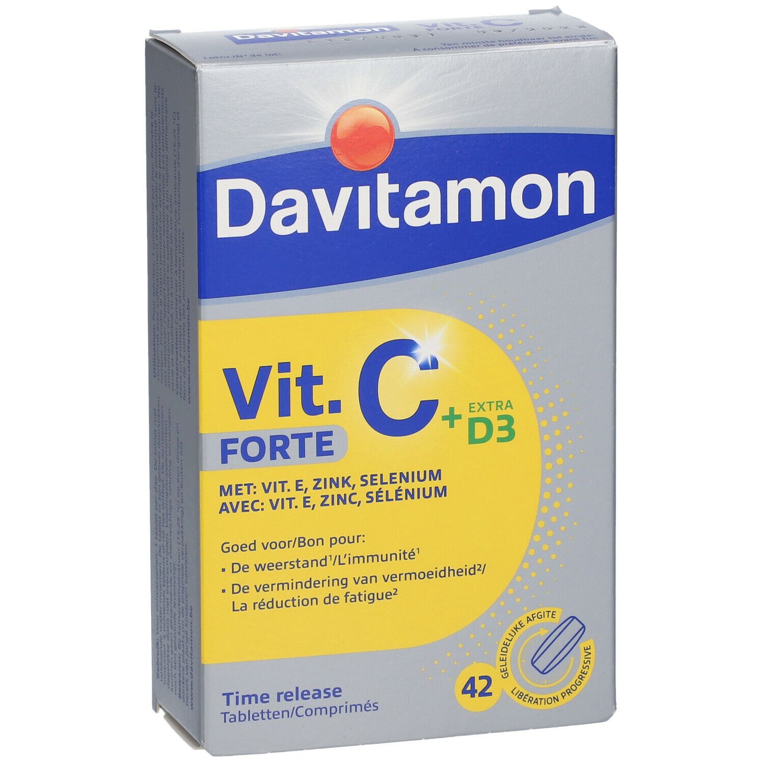 Davitamon Vit. C Forte + D3 verpakking. Bevat 42 tabletten. Gele en blauwe tekst op grijze achtergrond. Time release.