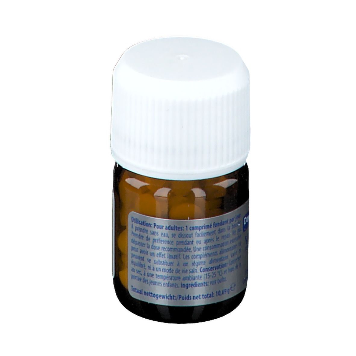 Bruine glazen fles met witte dop. Bevat tabletten. Etiket met informatie. Nettogewicht: 10,69 g.