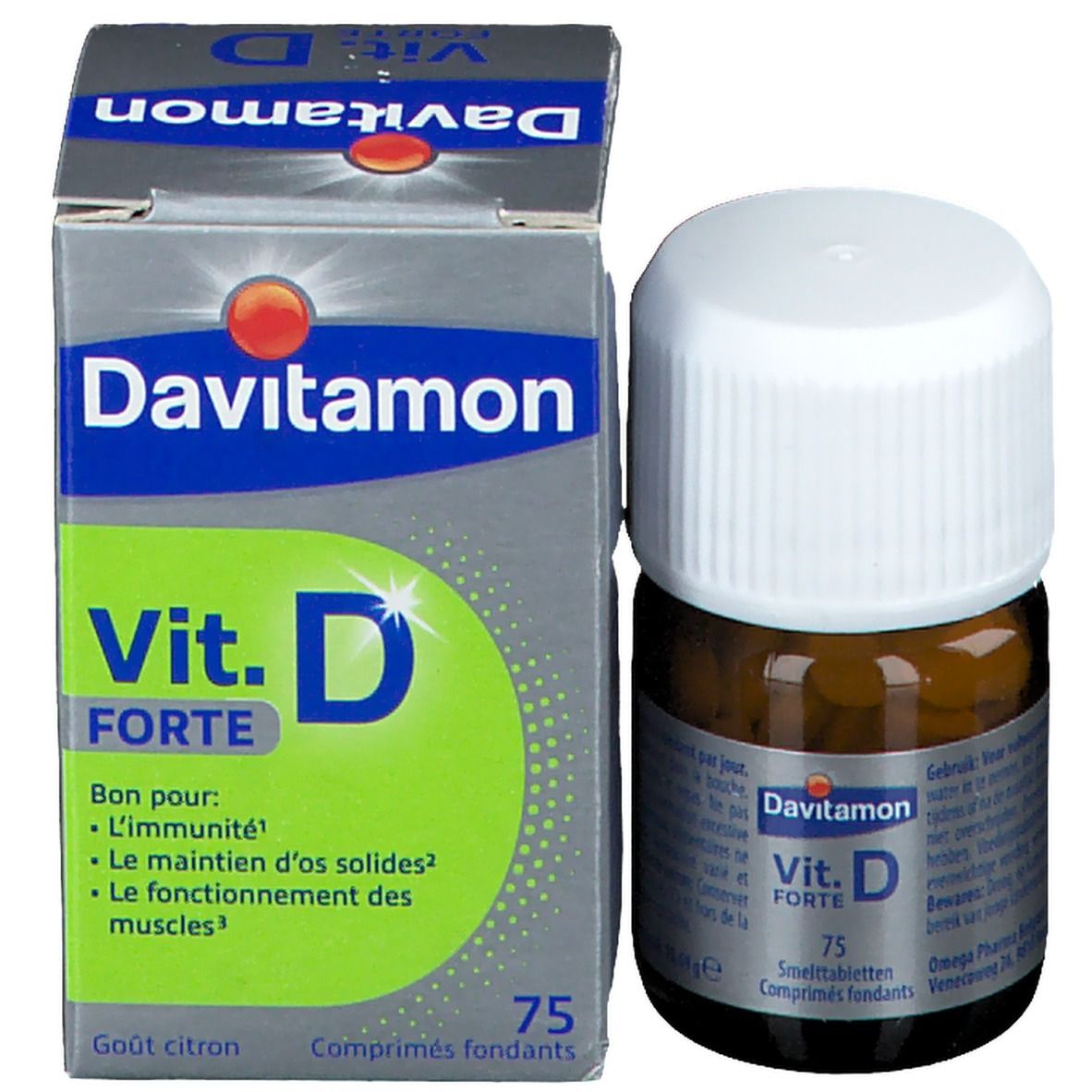 Davitamon Vit. D Forte Zitrone verpakking en fles. Bevat 75 tabletten. Fles met witte dop.