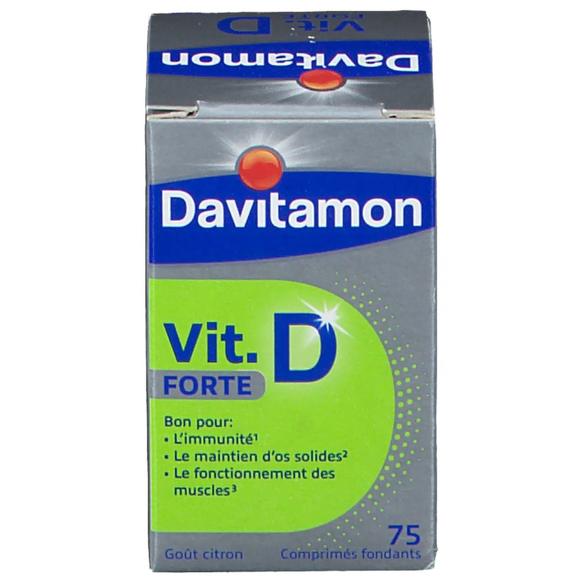 Davitamon Vit. D Forte Zitrone verpakking. Bevat 75 tabletten. Opschrift: Bon pour: L'immunité, Le maintien d'os solides, Le fonctionnement des muscles.