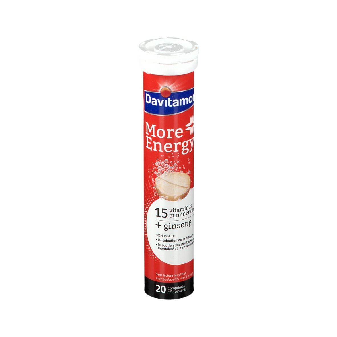 Rode tube met witte dop. Opschrift: Davitamon More Energy, 15 vitaminen + ginseng. Bevat 20 bruistabletten.