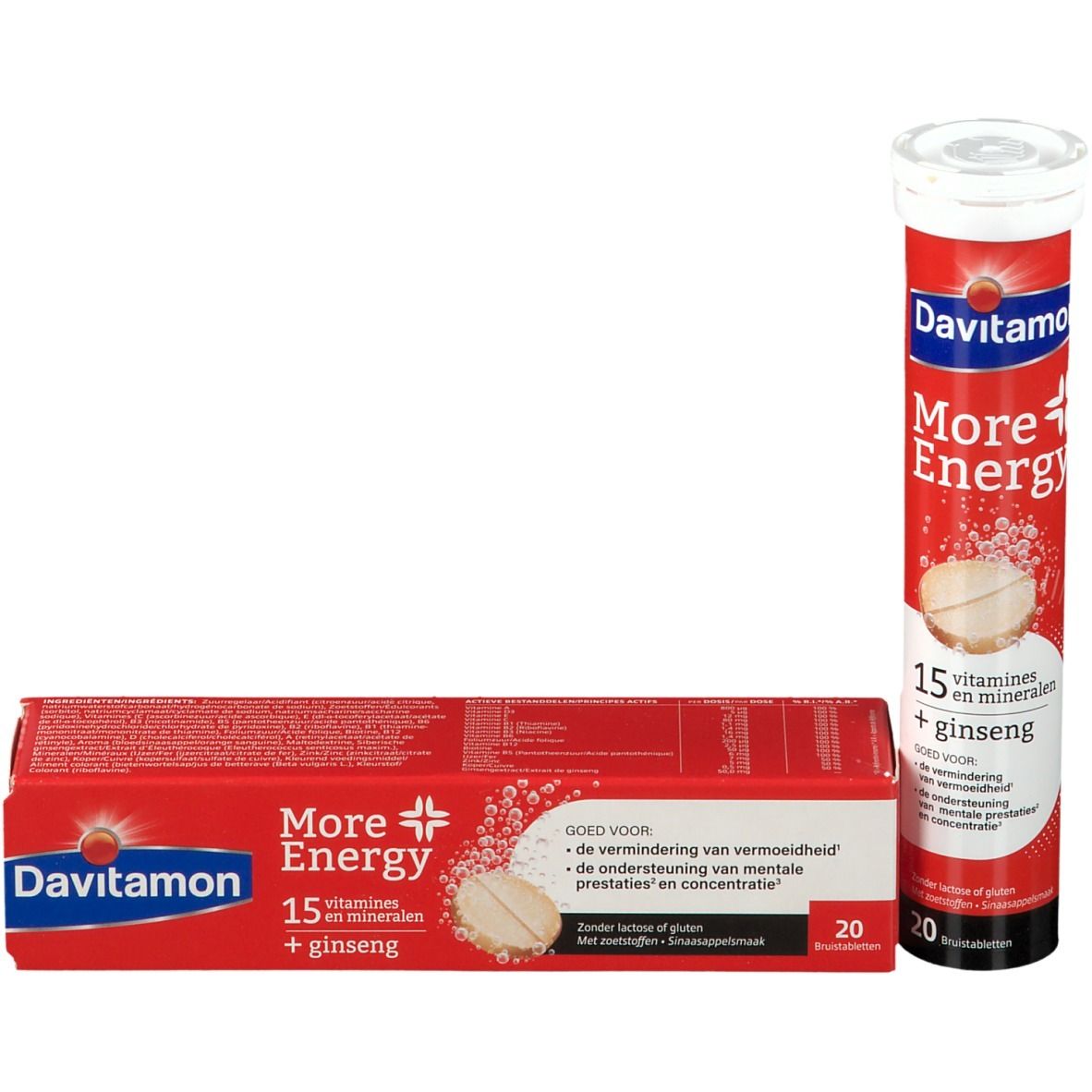 Rode doos en tube. Opschrift: Davitamon More Energy, 15 vitaminen + ginseng. Bevat 20 bruistabletten. Ondersteuning van mentale prestaties.