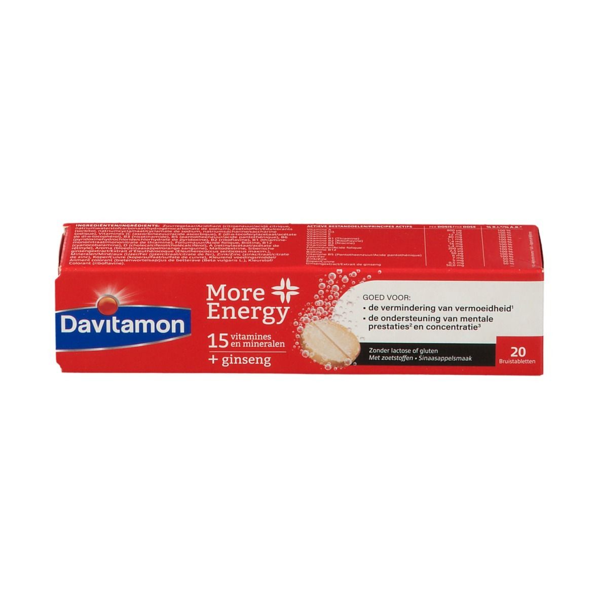 Rode doos. Opschrift: Davitamon More Energy, 15 vitaminen + ginseng. Bevat 20 bruistabletten. Ondersteuning van mentale prestaties.
