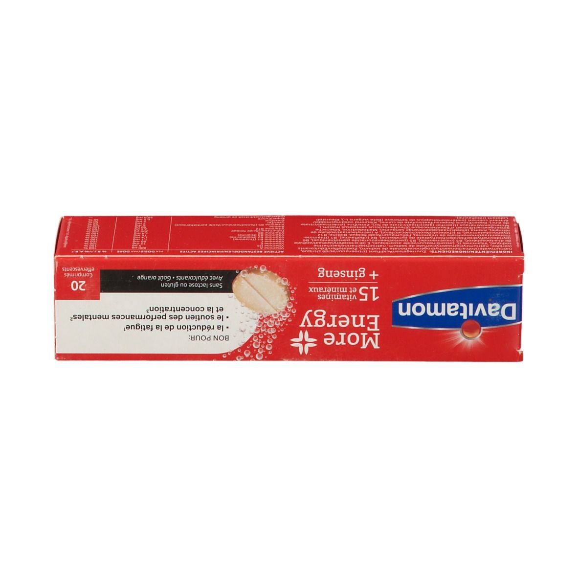 Rode doos. Opschrift: Davitamon More Energy, 15 vitaminen + ginseng. Bevat 20 bruistabletten. Ondersteuning van mentale prestaties.