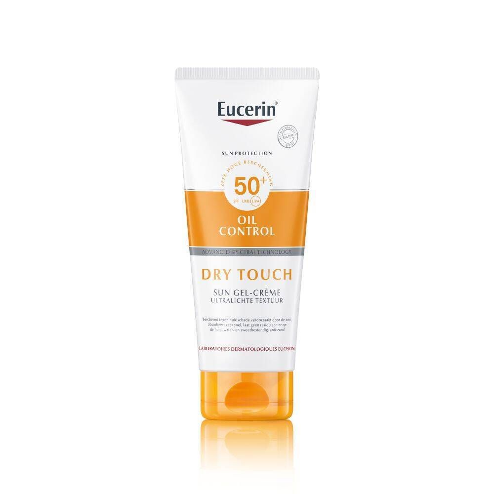Eucerin DRY TOUCH SUN GEL-CRÈME SPF50+ tube. Wit, oranje. Tekst en logo.