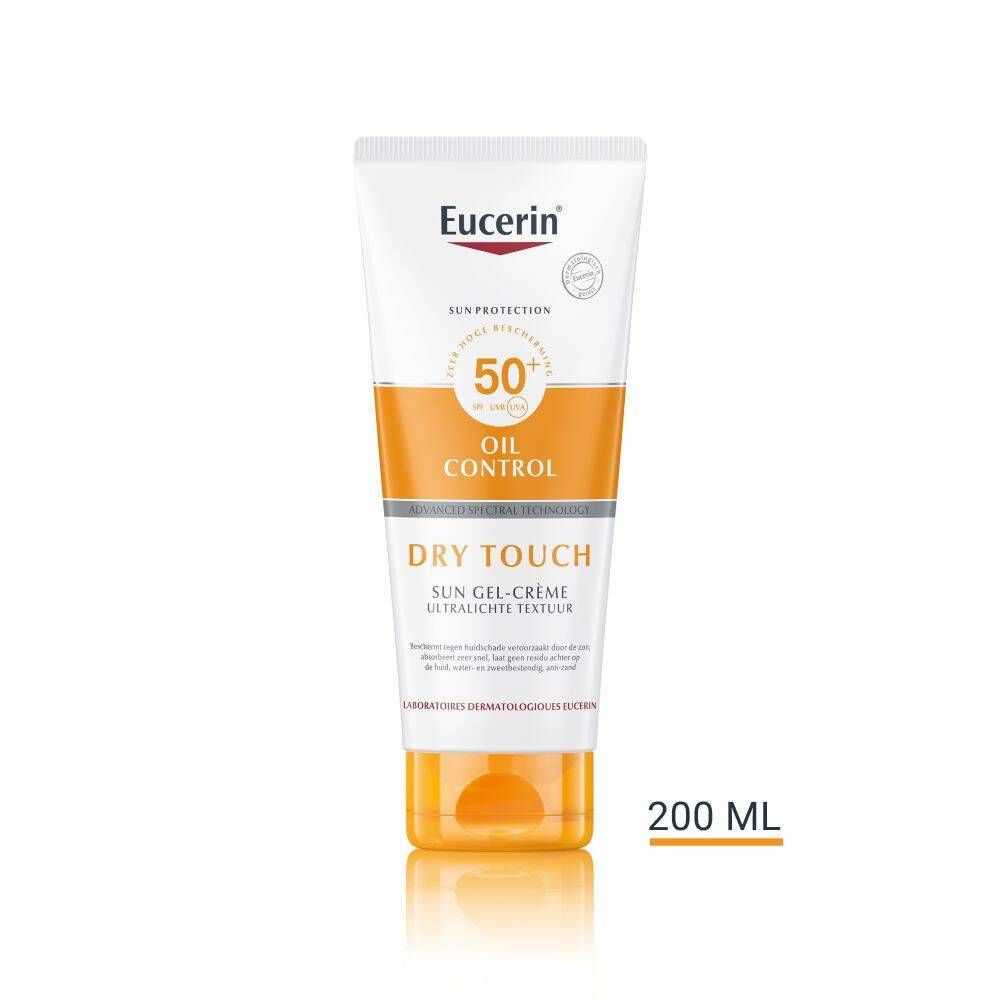 Eucerin DRY TOUCH SUN GEL-CRÈME SPF50+ tube. 200 ml. Wit, oranje. Tekst en logo.
