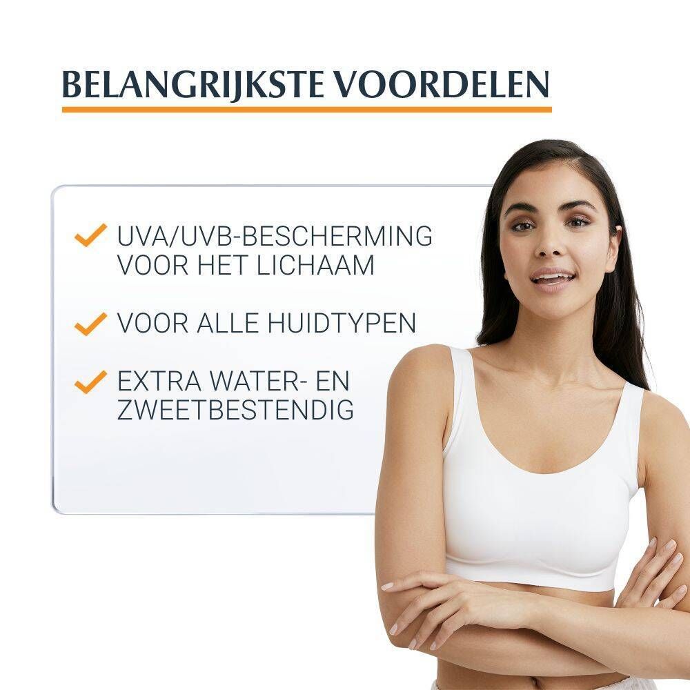 Vrouw in witte top. Tekst: Belangrijkste voordelen: UVA/UVB-bescherming, voor alle huidtypes, water- en zweetbestendig.