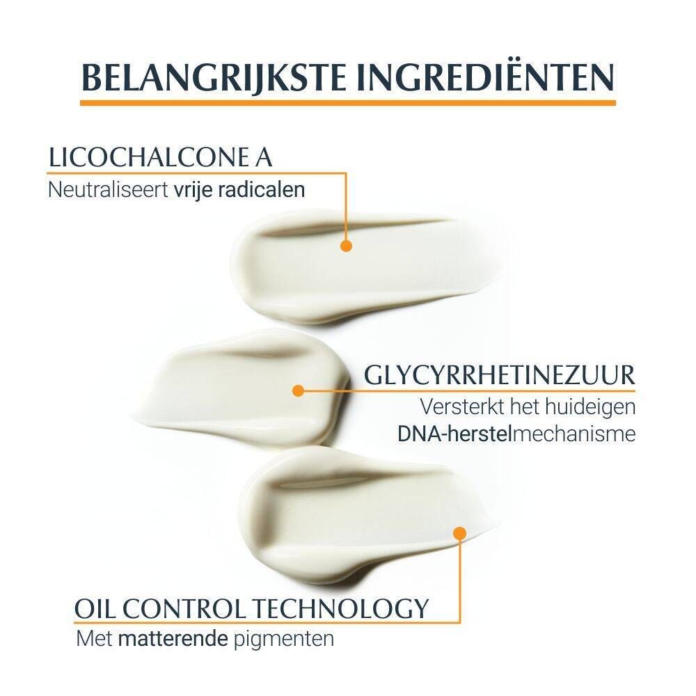 Drie crèmevlekken. Tekst: Belangrijkste ingrediënten: Licochalcone A, Glycyrrhetinezuur, Oil Control Technologie.