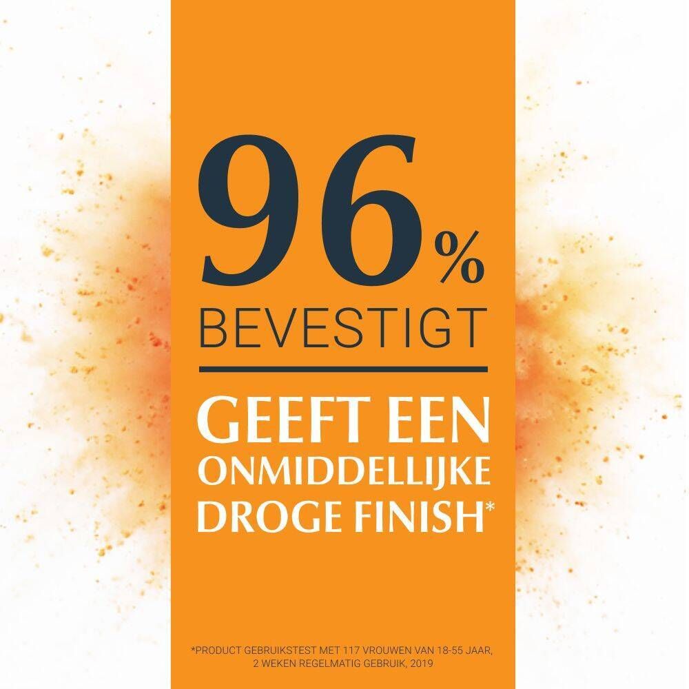 Oranje achtergrond. Tekst: 96% bevestigd geeft een onmiddellijke droge finish.