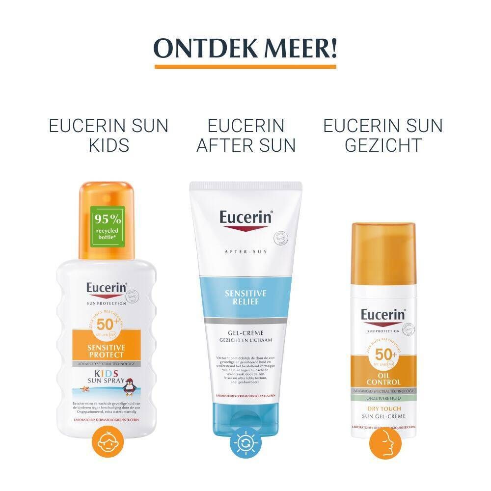 Drie Eucerin producten. Links: Eucerin Sun Kids. Midden: Eucerin After Sun. Rechts: Eucerin Sun Gezicht.