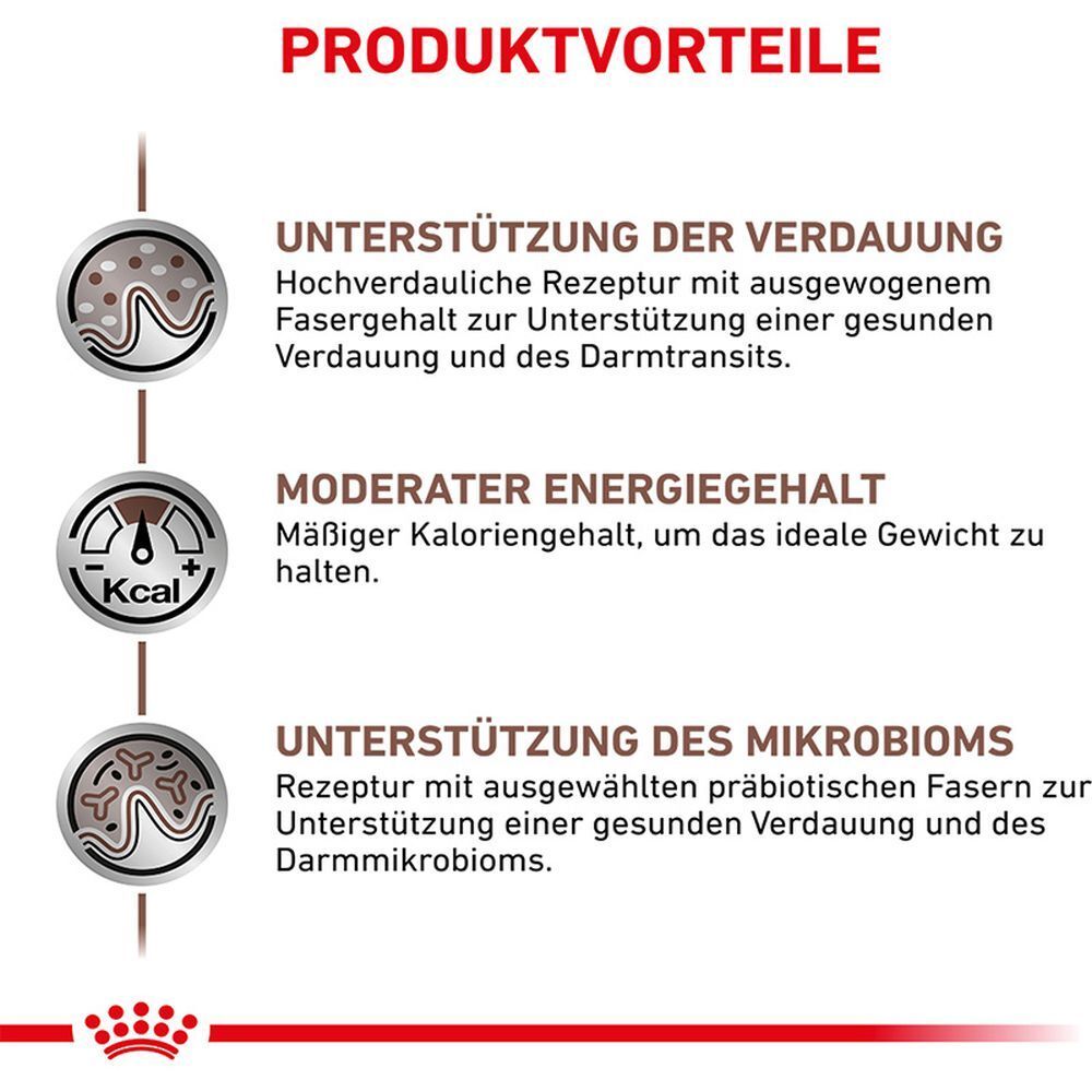 Produktvorteile von Royal Canin Gastrointestinal Puppy: Unterstützung der Verdauung, moderater Energiegehalt, Unterstützung des Mikrobioms.