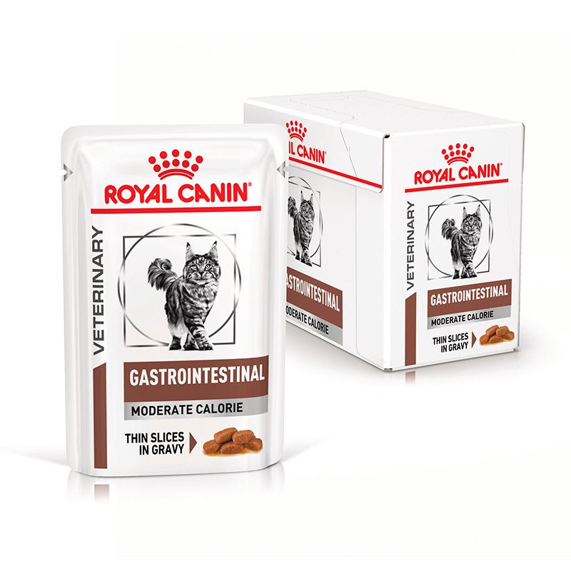 Royal Canin Veterinary Gastrointestinal Moderate Calorie Nassfutter für Katzen, dünne Scheiben in Soße.