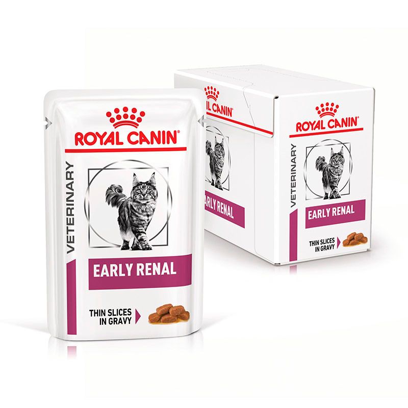 Ein Beutel ROYAL CANIN Veterinary Feline Early Renal neben einer Schachtel. Zeigt Produktbild und Futterstückchen.