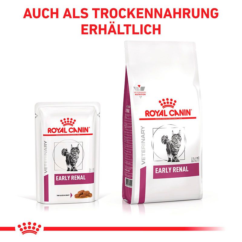 ROYAL CANIN Veterinary Feline Early Renal Beutel und Trockenfutter-Sack. Zeigt beide Produktvarianten.